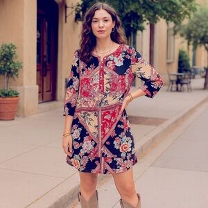 Anthropologie Fig and Flower Boho Floral Patchwork Tunic Dress Size L